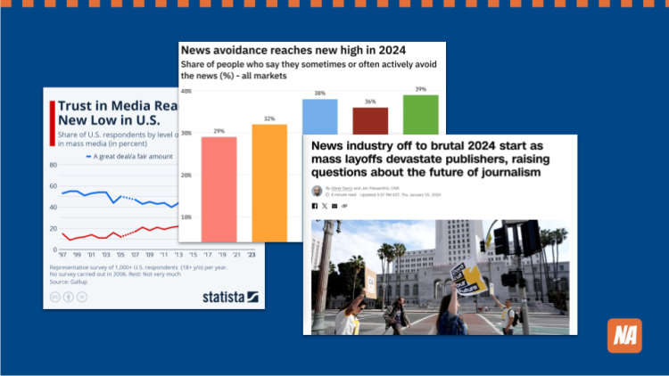 A presentation slide shows several headlines about media layoffs and low trust in media.